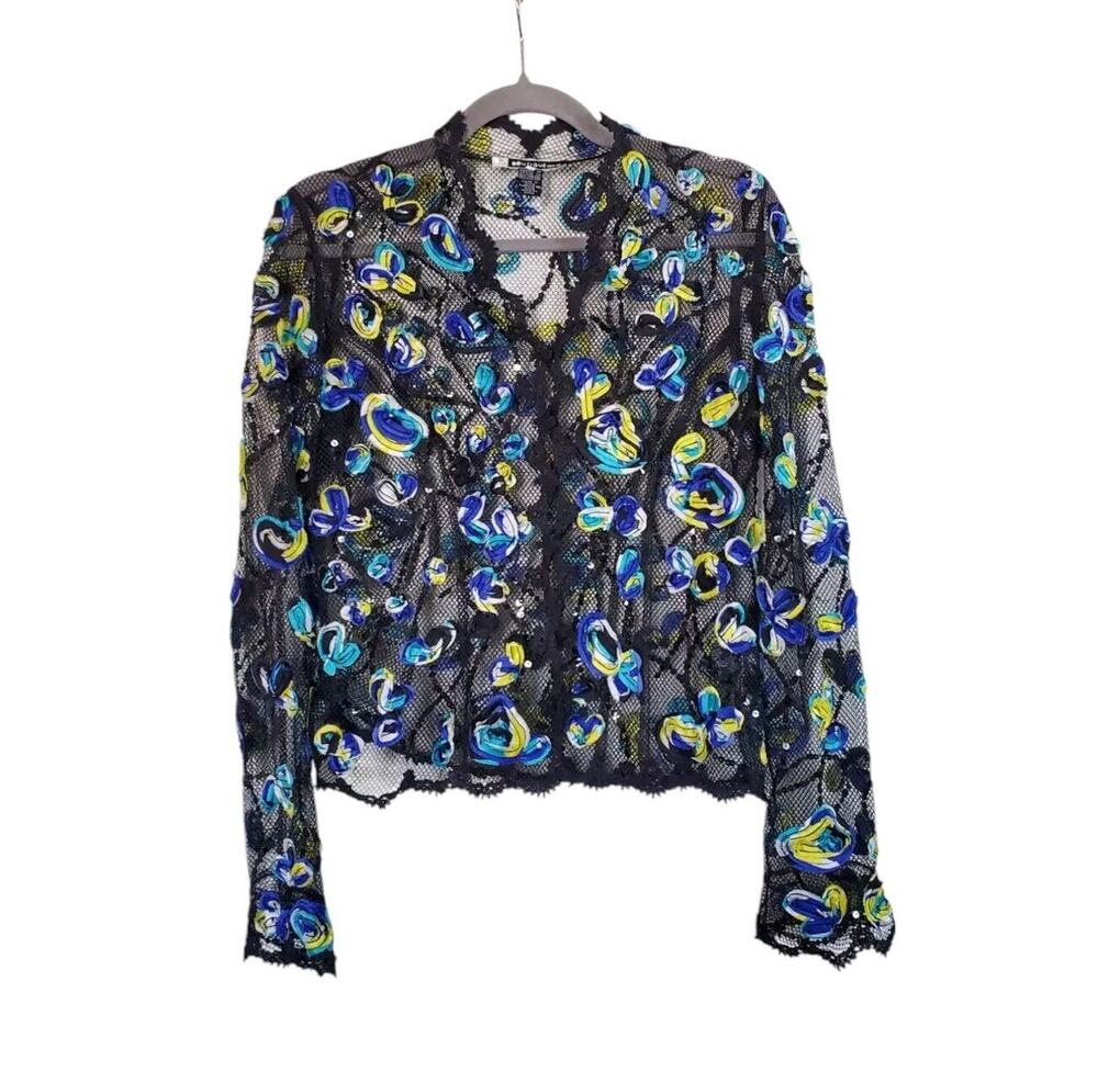 JS Boutique Petite Black Mesh Blue Floral Ribbon Sequin Dress Jacket, Size 8P